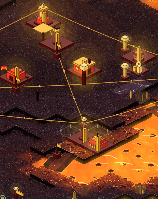 A lit landing on Cindara — block-built structures on cooled basalt above a channel of lava