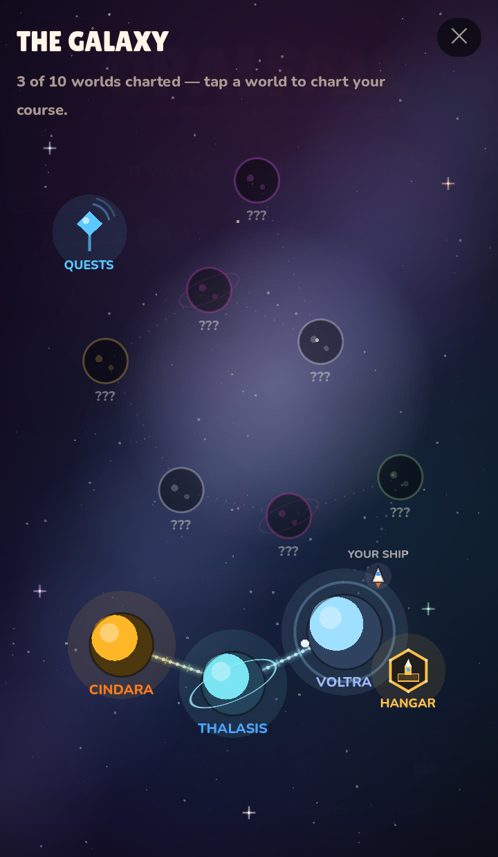 The Opalfall star chart — ten worlds charted as a constellation